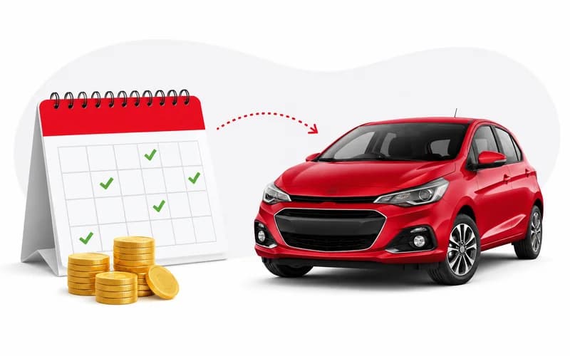 Calendário com parcelas pagas conectado por seta a um carro vermelho