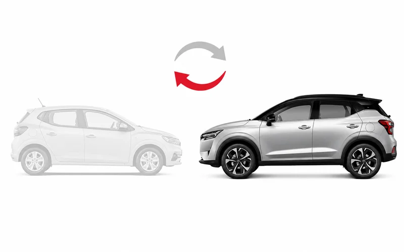Carro antigo translúcido e SUV novo com setas de troca